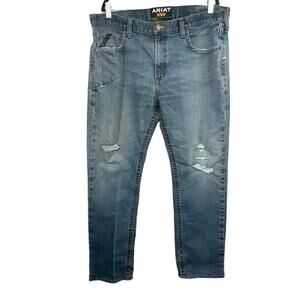 ARIAT JEANS Mens 38/33 Blue M5 Rebar Slim Straight Distressed has stretch WORK